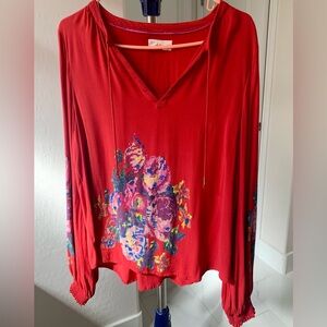 Anthropologie Monica Boho Peasant Red Floral Embroidered Front Size Large